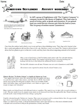 Preview of Settlers Worksheet Jamestown Support