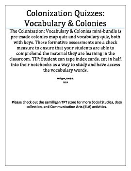Preview of Colonization Quizzes: Colonies Map & Vocabulary