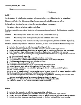 Colons Worksheet including Commas and Semicolon Review by Teacher in