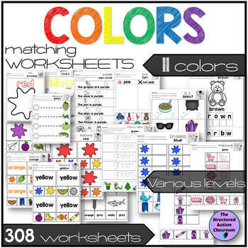 Preview of Color Activities Worksheets Matching Pictures and Words for Special Education