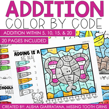 Addition Within 20 Practice Worksheets Color By Code 1st Grade | TPT