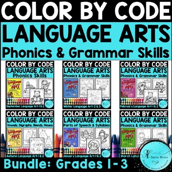 Preview of Color By Code BUNDLE Language Arts Phonics Coloring Pages 1st, 2nd, 3rd Grade