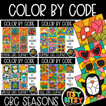 Preview of Color By Code Seasons Bundle Clipart - Spring Summer Winter Fall CBC