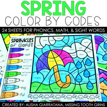 Preview of Spring Coloring Pages Color By Number Math and Phonics Worksheets, Activities