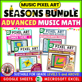 Preview of Color-By-Music Pixel Art Seasons Bundle - Advanced Music Math