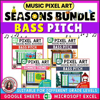 Preview of SPRING Coloring Pages - Color-By-Music Pixel Art Seasons - Bass Clef Note Names