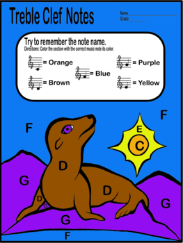 Preview of Color By Music- Treble Clef Notes C Through G (Sea Lion) music worksheet