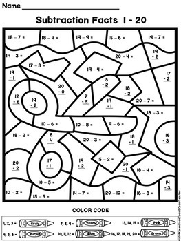 Color By Number: Addition and Subtraction Facts 1 - 20; School Theme ...