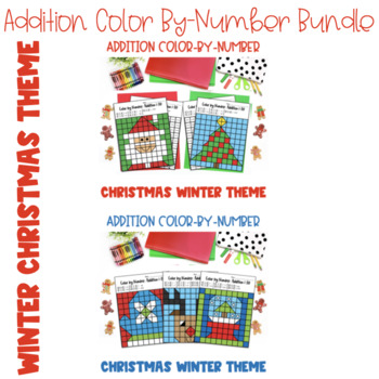 Preview of Color-By-Number Bundle! Addition Winter/Christmas 1st, 2nd, 3rd,4th Math