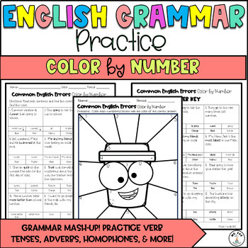 Preview of Color By Number English Grammar Verbs Adverbs Homophones Worksheet