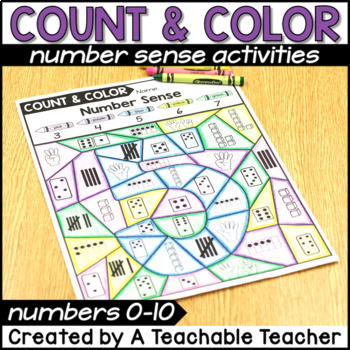 Preview of Number Sense Color by Code 0-10 Math Activities Worksheets Games Warm Up Kinder