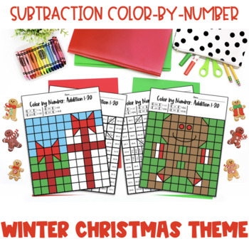 Preview of Color-By-Number:Subtraction 1-20 Winter/Christmas 1st,2nd,3rd,4th  Math Activity