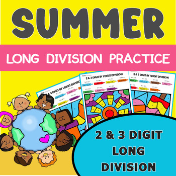 Preview of Color By Number Summer Long Division 2 & 3 Digit By 1 Digit Division
