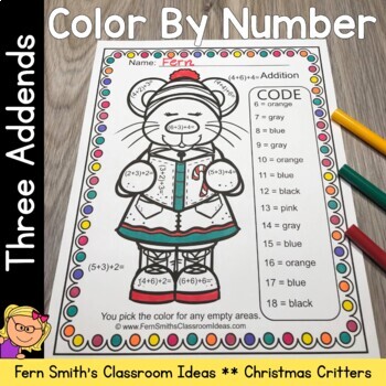 Preview of Christmas Color By Number Three Addends Addition