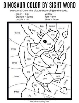 color by sight words dinosaur kindergarten worksheets tpt
