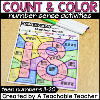 Preview of Teen Numbers Sense Activities 11-20 Color by Code Math Worksheets Kindergarten