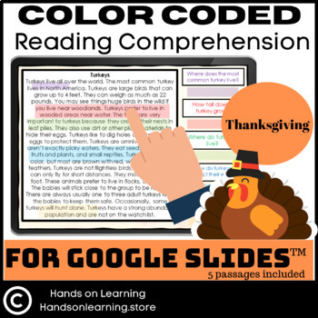 Preview of Color Code Reading Comprehension Thanksgiving for Google Slides