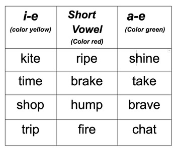 Preview of Color Code short vowels and magic e