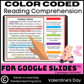 Preview of Color Coded Reading Comprehension Valentine's Day For Google Slides