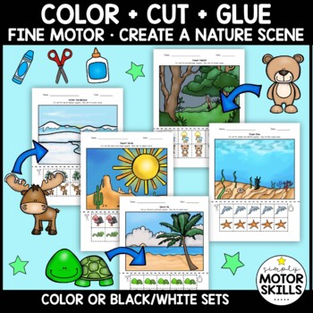 Preview of Color + Cut + Glue - Create a Nature Scene!  Fine Motor Skills (Color, BW Sets)