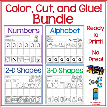 Preview of Color, Cut, and Glue Preschool Activities Bundle