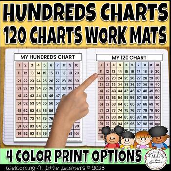 Preview of Color Hundreds Charts & 120 Charts Interactive Math Notebook Work Mats & Posters