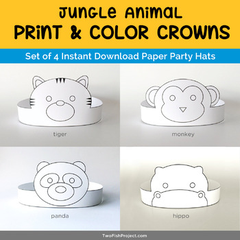 Preview of Color Me Jungle Animals Paper Crown, Printable Mask: Monkey, Hippo, Tiger, Panda
