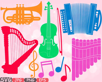Preview of Color Music Instruments clipart panpipe accordion trumpet harp Violin SVG  -622s