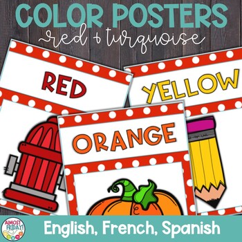 Preview of Color Posters | English | Spanish | French | Red and Turquoise Theme