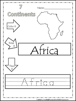 Preview of Color-Read-Trace It Continents Worksheets. Geography Curriculum.