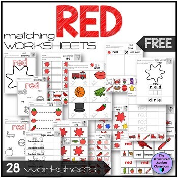 Preview of Color Red Activities Worksheets Matching Pictures and Words Special Education