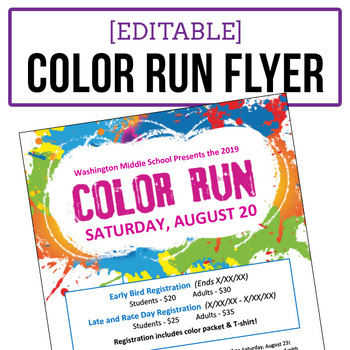 Color Run Event Flyer Advertisement Editable Word Doc Tpt