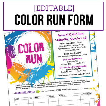 Preview of Color Run Event Registration Form - Editable Word Doc