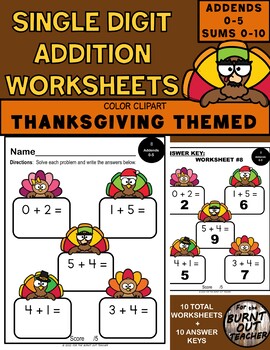 Preview of Color THANKSGIVING TURKEY Addition Worksheets Sums 0-10 Math K Special add 0- 5