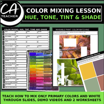 Preview of Color Theory Lesson: Hue, tone, tint, shade mixing-acrylic paint high school art