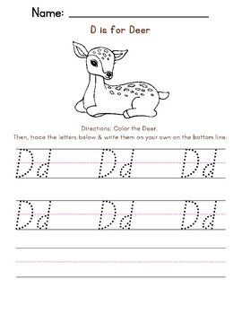 Color, Trace, Print: Fall Deer Handwriting Letter D Worksheet Pre-K CUTE!