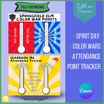 Preview of Color Wars Poster, Spirit Points Printable, Attendance Point Tracker, 2 Grades