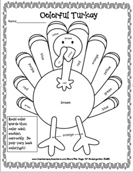 Color Word~ Colorful Turkey (Worksheet) by The Magic of Kindergarten