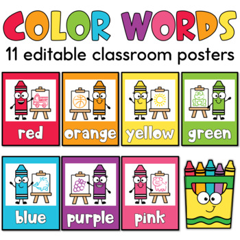 Preview of Color Word Posters | Editable Crayon Color Word Classroom Display