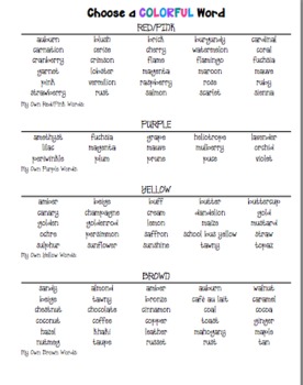 Preview of Color Word Synonyms List for Writing Workshop Revising
