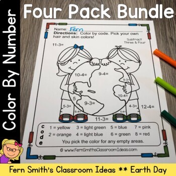 Preview of Earth Day Color By Number Addition Subtraction Multiplication Division Bundle