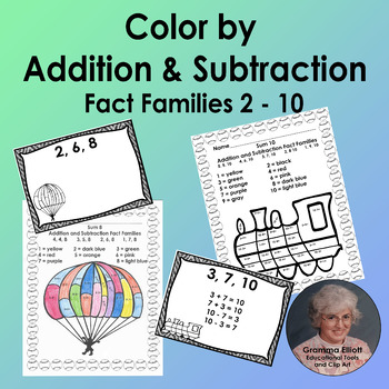 Color by Addition and Subtraction Fact Families sums 2-10 and Task Cards