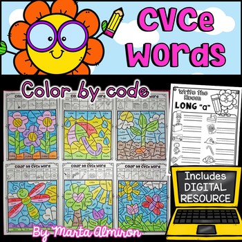 Preview of Color by CVCe WORDS {SPRING} With Digital Resources