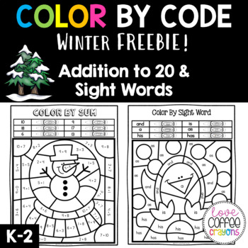 Preview of Winter Color by Number Addition to 20 & Sight Words FREE