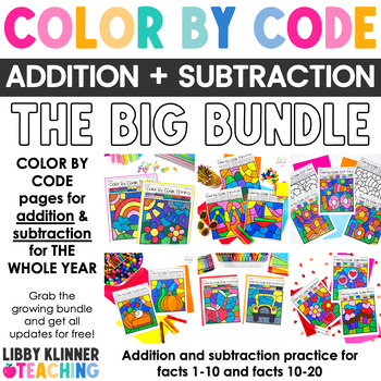 Preview of Color by Code Addition & Subtraction BUNDLE Year Long Color by Number Pages