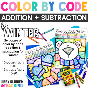 Preview of Color by Code: Addition & Subtraction Winter Color by Number Pages Print & Go