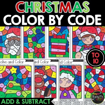 Preview of Color by Code Christmas Activities Addition and Subtraction to 10 Santa Rudolph