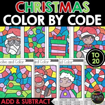 Preview of 17 Christmas Color by Code Worksheets Addition and Subtraction to 20 | Santa