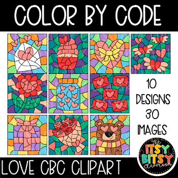 Preview of Color by Code Clipart for Valentine Love & Kindness Activities - 10 designs