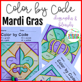 Preview of Color by Code Coloring Activities Mardi Gras Blends and Digraphs